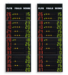pannelli elettronici laterali che visualizzano il N.ro di maglia, i Falli/Penalit ed i Punti dei 14 giocatori delle 2 squadre