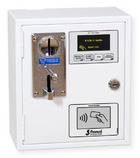 Zeitgeber für Münzen, Wertmarken und Wertkarten für 1 Service. Version mit elektronischem Münzautomat und Lesegerät von Wertkarten RFID contactless.