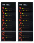 Tableros electrónicos laterales aprobado por la FIBA que permiten visualizar el dorsal y las faltas/penalizaciones de los 14 jugadores de los 2 equipos
