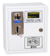 Coin, token and prepaid card operated Acceptors/Timers for 8 services. Version with electronic coin acceptor and RFID prepaid card contactless readers.